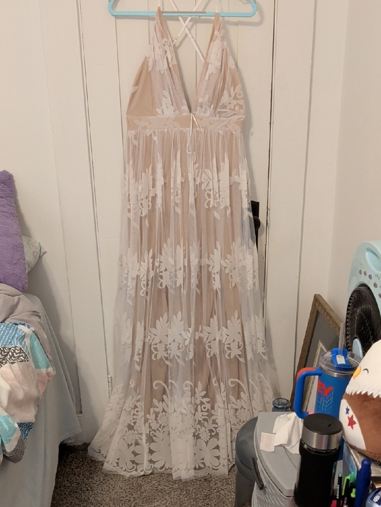 Luxxel Dresses & Skirts - Luxxel Beige Maxi Dress with White Floral Lace Overlay